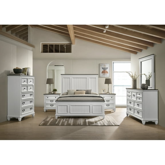 Roundhill Clelane Weathered White and Gray Finished 6-Piece Bedroom Set, Shiplap Panel Queen