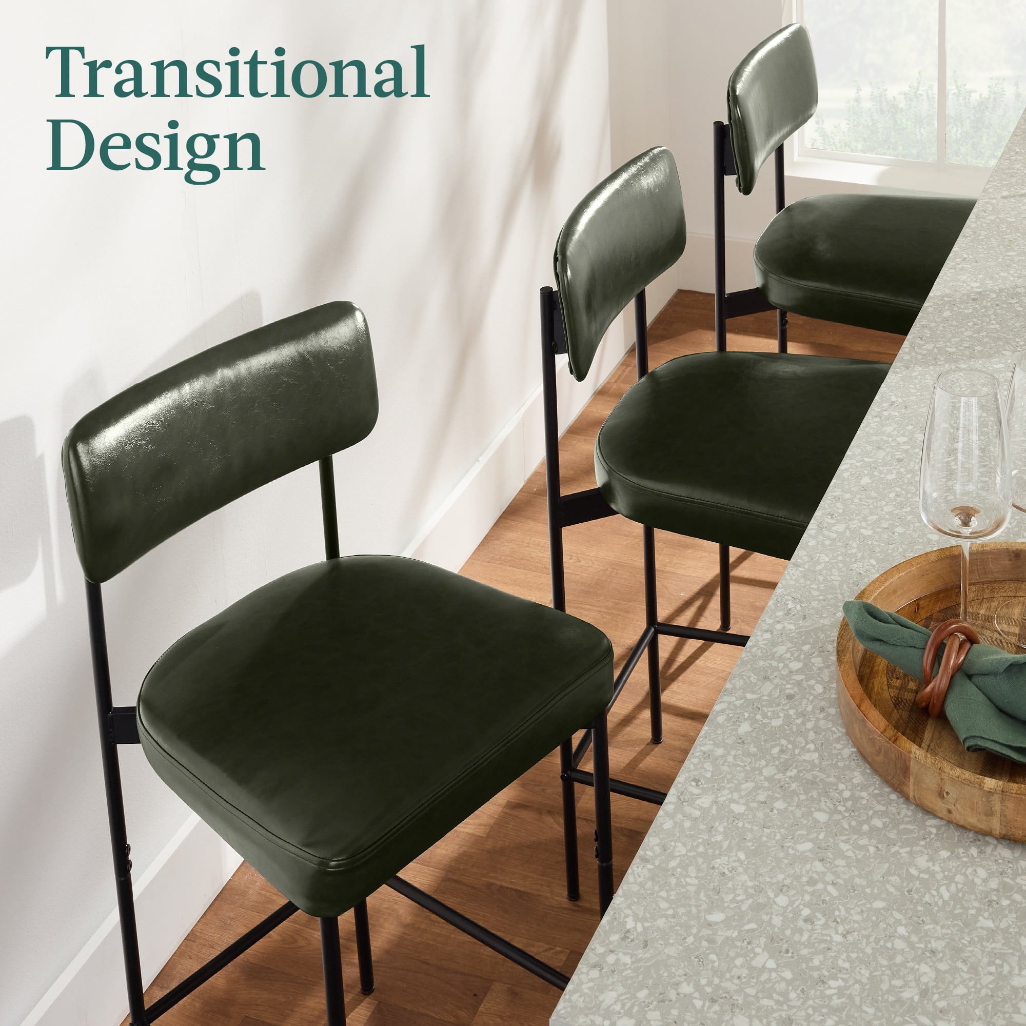 Best Choice Products Set of 3, Armless Counter Height Bar Stools, Modern PU Faux Leather Stools - Moss Green