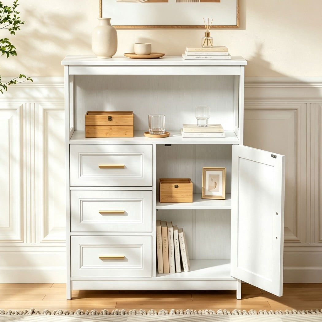 Modern Buffet Cabinet, Kitchen Storage Cabinet with 3 Drawers & 1 Door, Sideboard Cabinet with Wide Countertop for Dining Room, Living Room, Entryway & Bathroom, White