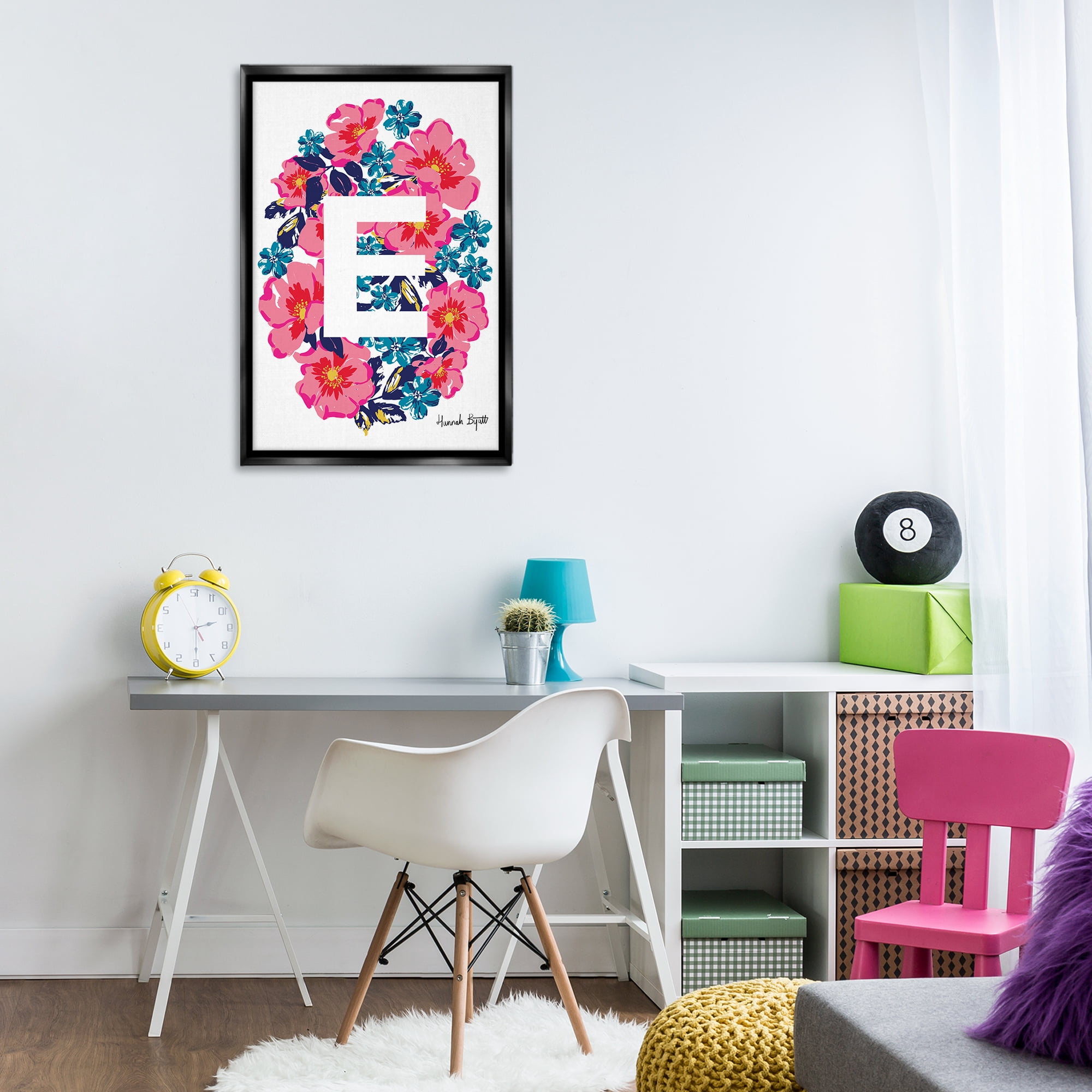 Stupell Industries Floral Bloom Letter E Botanical & Floral Painting Black Floater Framed Art Print Wall Art, 21 x 31
