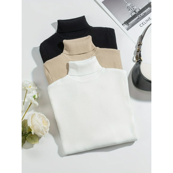 OSBAW Women's Turtleneck Oversized Sweaters 3 Pack, Versatile Solid Color Long Sleeve Knitted Top, Ribbed Knit Tunic Sweaters in Pullover Style