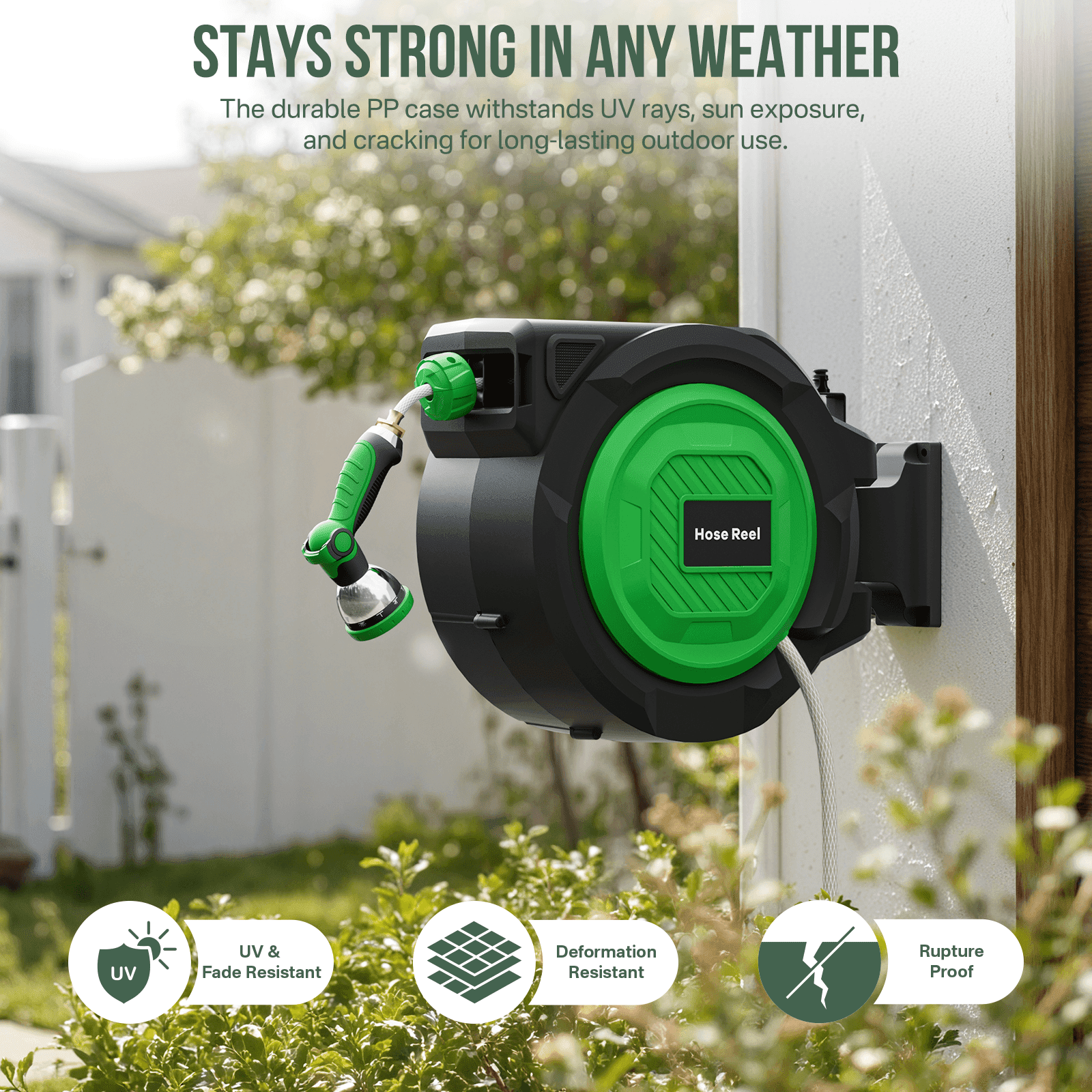 Fitfort Retractable Hose Reel, 100ft Wall-Mounted Water Reel with Auto Rewind and 10-Pattern Spray Nozzle, Heavy Duty for Garden & Car Wash