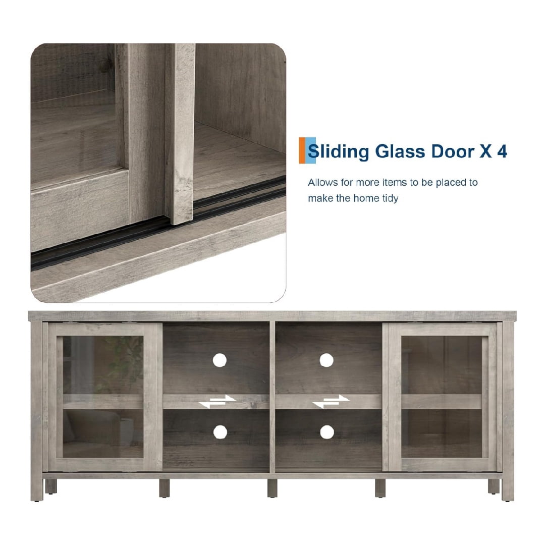 TV Stand for 65 Inch, Entertainment Center with Storage Cabinet and 4 Sliding Glass Doors, Mid Century Modern Media TV Console Table for Living Room Bedroom