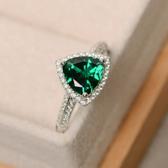 Siddeshwar Jewels 2.10Ct Trillion Cut Emerald/Diamond Engagement Ring in 14K White Gold Plated
