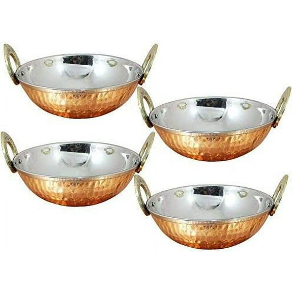 Avs Stores ® Set of 4 Pure Copper Stainless Steel Bowls with Solid Brass Handle Serveware Accessories Karahi Pan for Indian FoodDiameter- 6.9 Inches