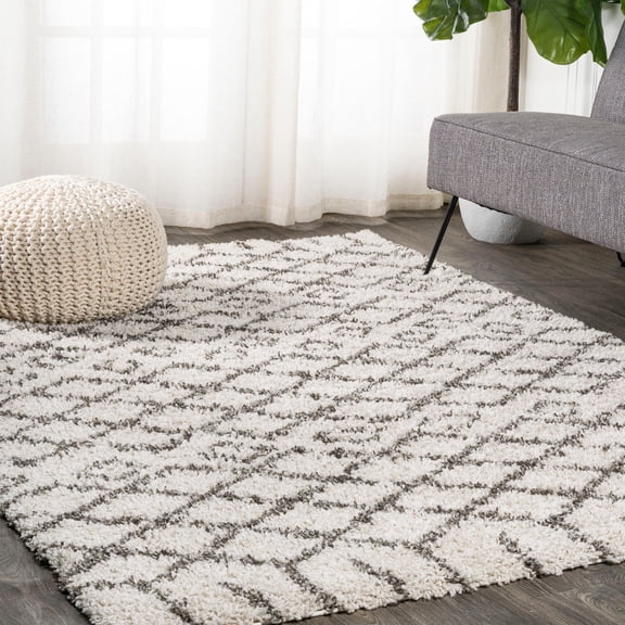 JONATHAN Y LONDON SHAG 8 x 10 Area Rug, Algaida Moroccan Diamond - Beige/Dark Gray, SHG104A-8