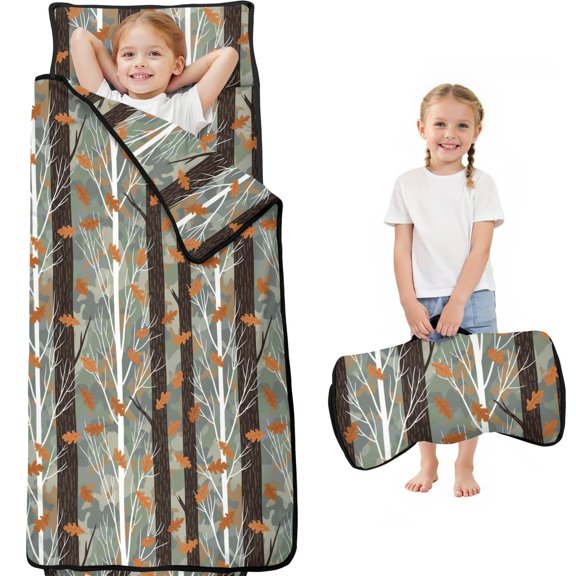 Camo and Oak Grey Pattern Teens Toddler Nap Mat with Pillow, Sleeping Mat Bag for Preschool Daycare 59"x22"