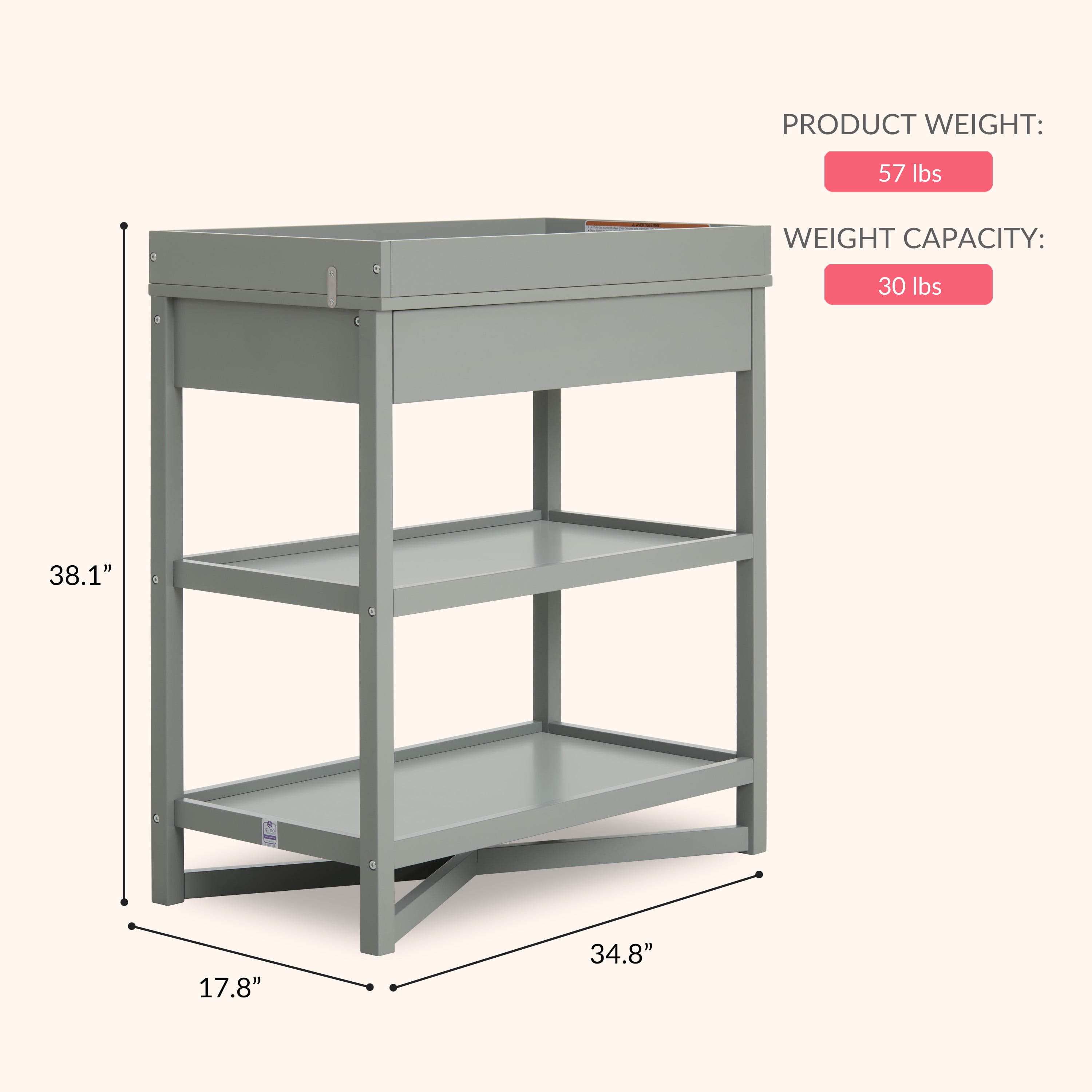 Dream On Me Owen Changing Table in Sea Grass, JPMA Certified, with two bottom shelves for storage