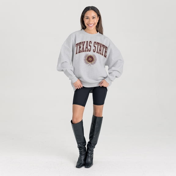 Women's Gameday Couture Ash Texas State Bobcats Oversized Tradition Refined Premium Fleece Sweatshirt