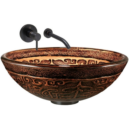 - VIGO Golden Greek Glass Vessel Sink and Olus Wall Mount Faucet Set, Antique Rubbed Bronze
