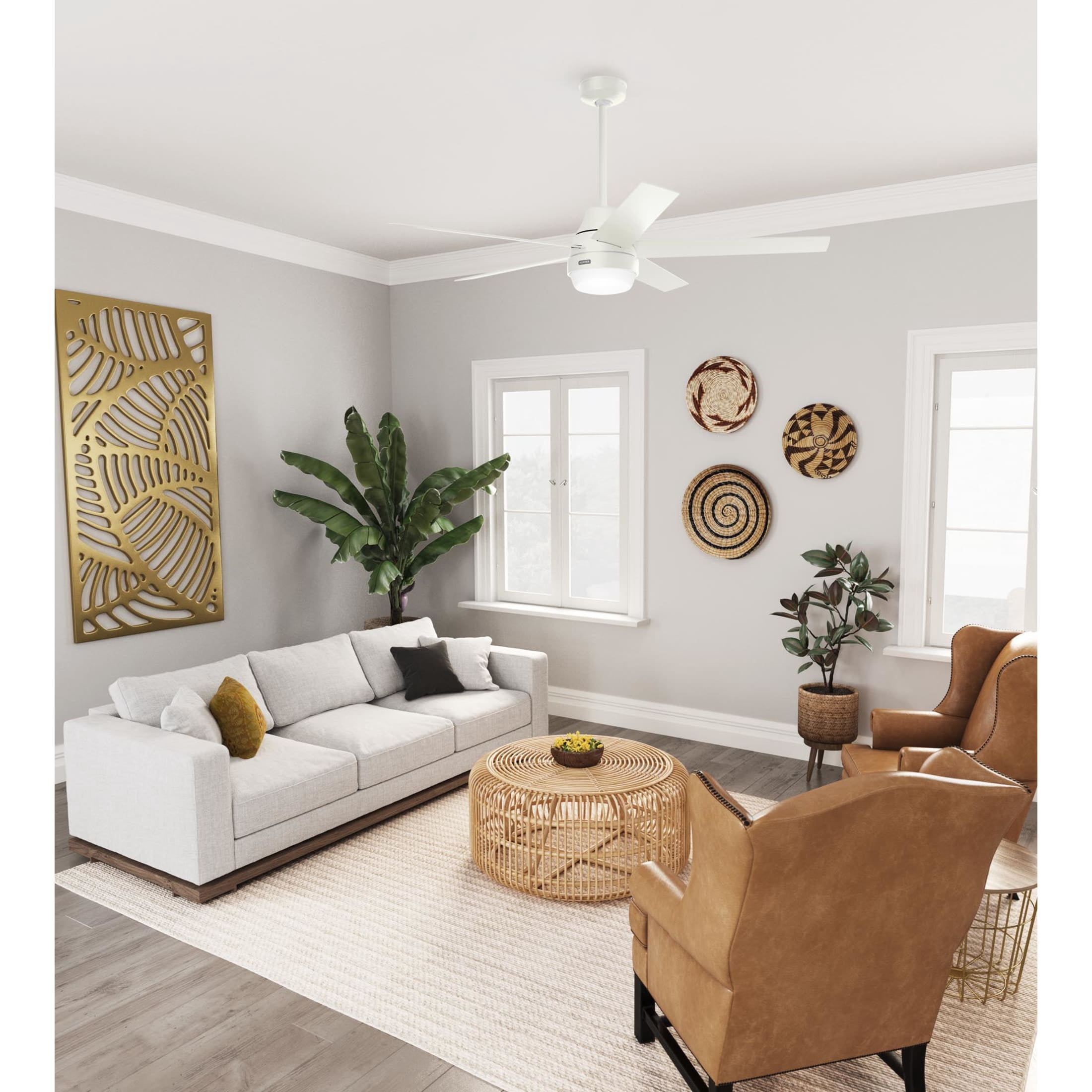 Hunter - Aerodyne Indoor Ceiling Fan With Light, Remote, 60-inch, Fresh White, Casual-style, 6-speed DC Motor, Energy Star, WiFi Smarthome, 52832, for living rooms, bedrooms, home offices, kitchens