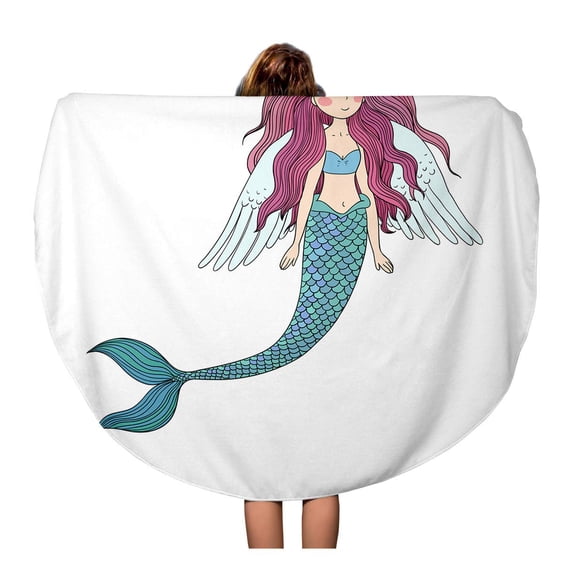 KDAGR 60 inch Round Beach Towel Blanket Angel Beautiful Mermaid Wings Siren Sea Mythical Creature Black Travel Circle Circular Towels Mat Tapestry Beach Throw