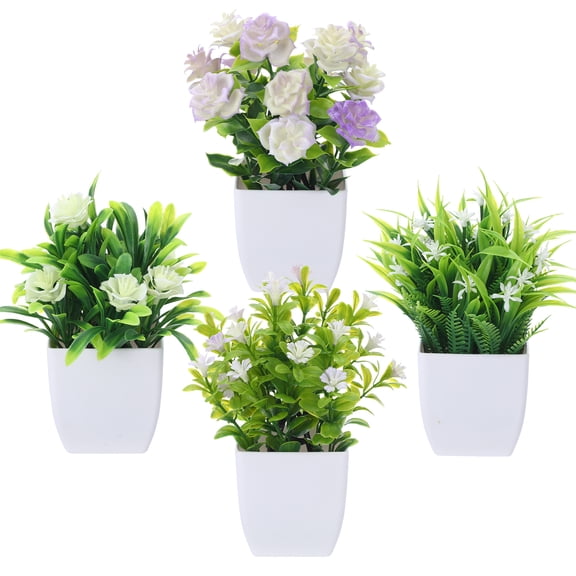 Armscye 4 Pack Artificial Greenery Potted Plants, Faux Plants with Flowers, Realistic Plastic Simulation Plants, Fake Plants Indoor for Home Office Desk Bookshelf Room Decor