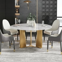 LovingAHome 53'' Round Faux Marble Dining Table for 6, White Sintered Stone Top with Gold Pedestal