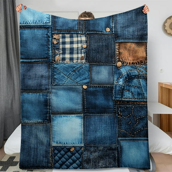 Denim Patchwork Flannel Blanket, All Seasons Warm And Comfortable Bed Blanket, Travel Camping Multipurpose Lunch Break Small  Blanket, Best Gift for Family Friends, Flannel, Bed Blanket