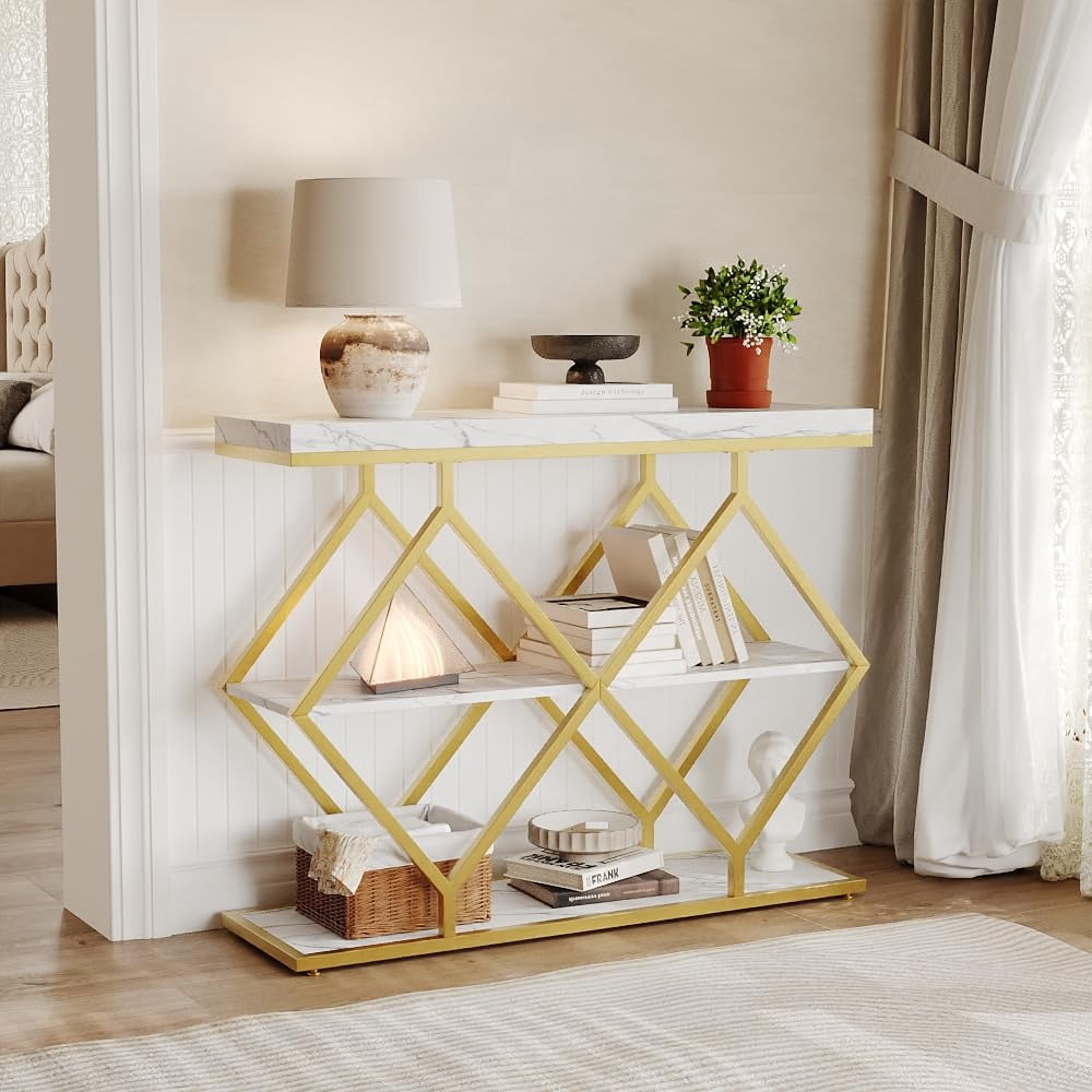 Litake 3-Tier Entryway Table, Industrial Console Sofa Table with Storage, Accent Table with Open Shelves, Diamond-Shaped Metal Frame, Foyer Table for Entryway, Hallway, White