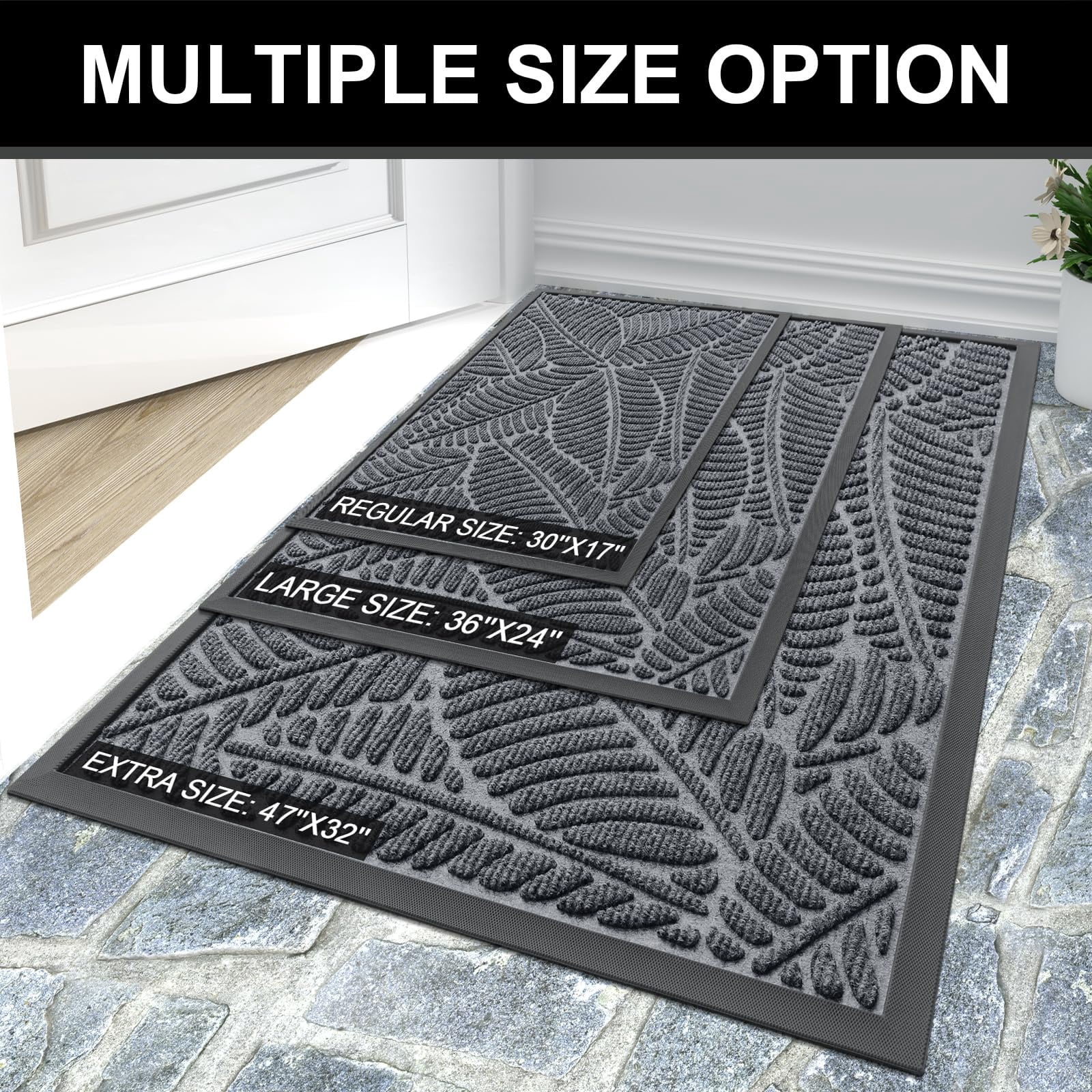 Buganda Waterproof Doormat, Non Slip Absorbent Rubber Door Mat for Outdoor and Indoor, Low Profile Dirt Trapper Front Door Rug, 30"x17",Grey