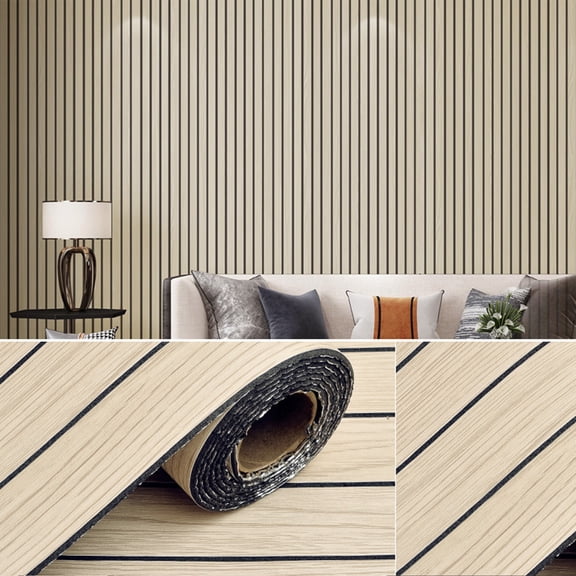BiFandian Faux Slat Wood Wall Panels, Striped Textured Waterproof Sticker for Interior Wall Decor, Self Adhesive Decorative Wallpaper, PVC Foam Panel Roll Accent, 15.75 in x118 in
