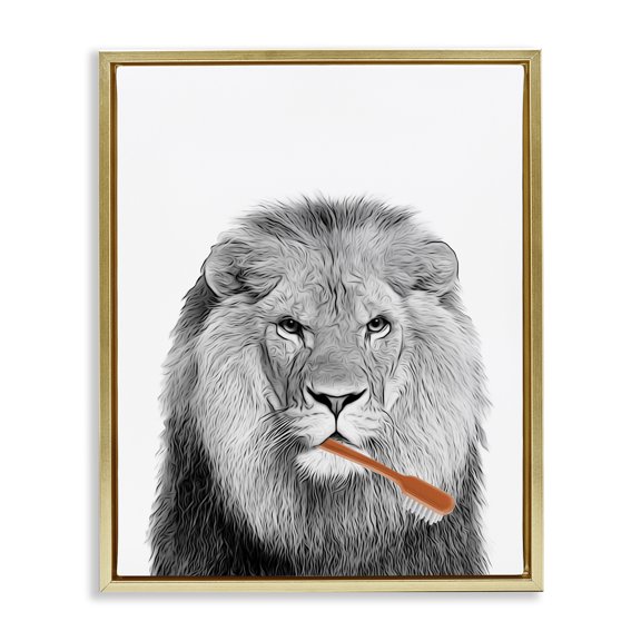 Stupell Industries Cottage Lion Brushing Teeth Bathroom Gold Floating Frame Canvas Art, 17 x 21, by Annalisa Latella