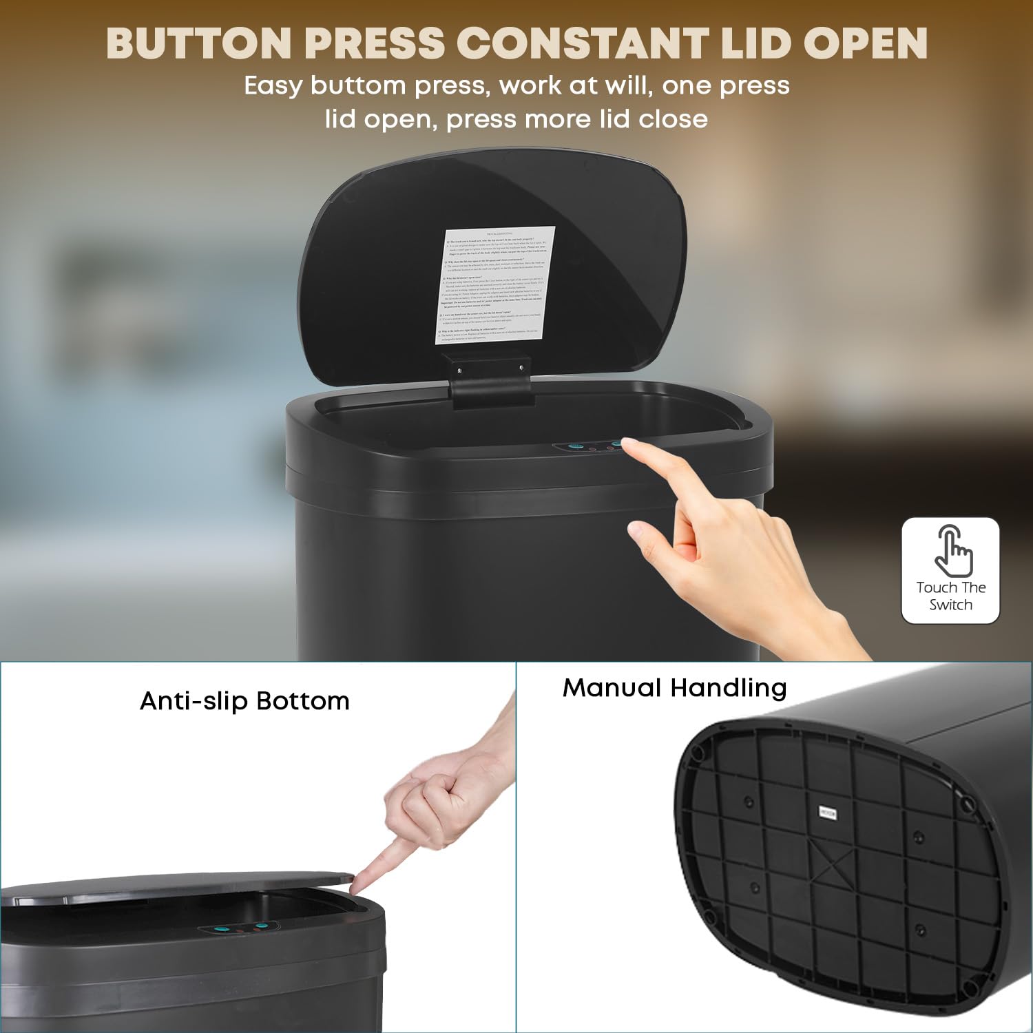 YRLLENSDAN Kitchen Tall Trash Can 13 Gallon Size Touchless Trash Can Motion Sensor Trash Can with Lid Odor-free Automatic Garbage Can 13 Gallon Waterproof Stainless Steel Trash Bin, Black