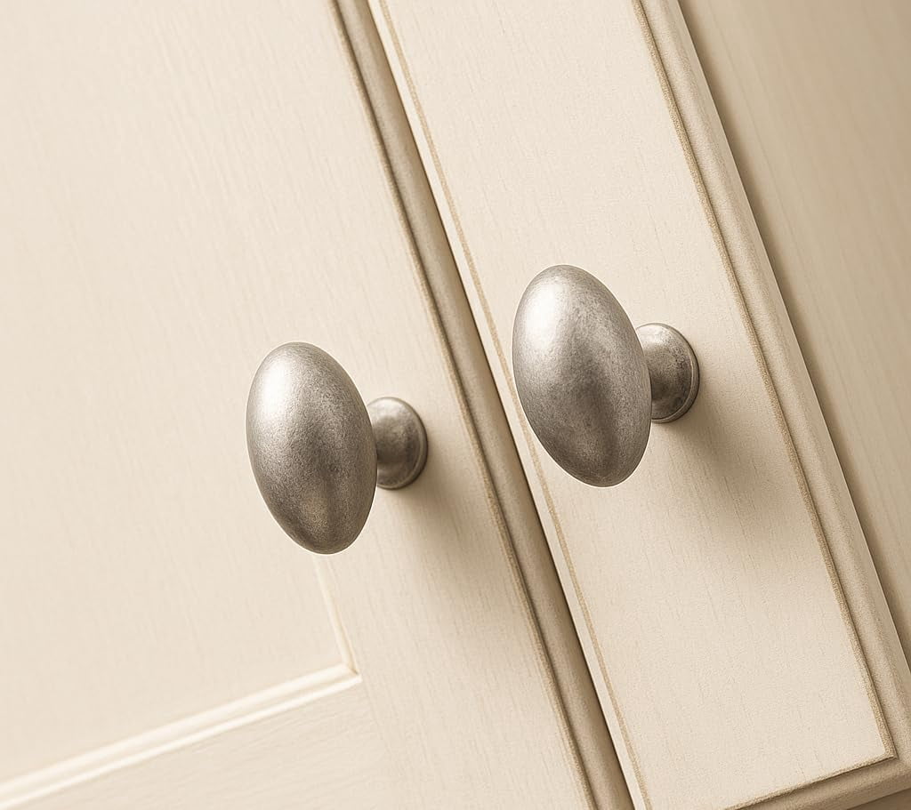 ABCISI 10 Pack Oval Cabinet Knobs, Furniture Cupboard Pulls, Modern Single Hole Hardware for Kitchen Cabinet, Dresser, Wardrobe Drawer, Antique Silver