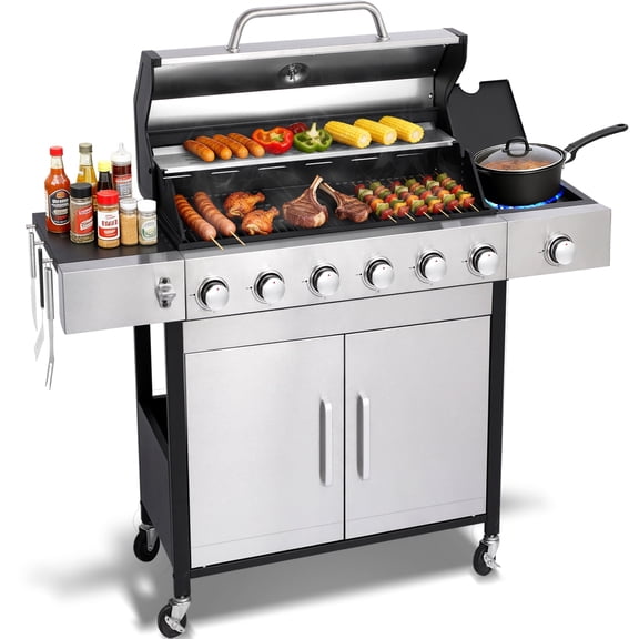 6 Burner Propane Gas Grill with Side Burner, Stainless Steel Large BBQ Grill for Outdoor Cooking
