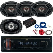 JVC Single DIN Digital Media USB AUX Bluetooth AM/FM Stereo Car Audio Receiver Bundle Combo with 4x 6x9" 550 Watt Peak Power 4-Way Coaxial Speakers, 4-Channel Compact Amplifier, Amp Wiring Kit