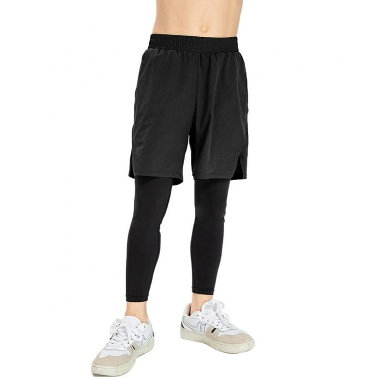 Xmarks Boy's 2 in 1 Sport Pants Shorts with Pockets Basketball Training Short  Compression Tights for Teen Kid Black 11-12Y 