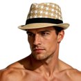 thumbnail image 3 of PBFRDSJ Straw Fedora Hat for Men Breathable Houndstooth Short Brim Summer Sun Hat for Beach Travel Outdoor, 3 of 4