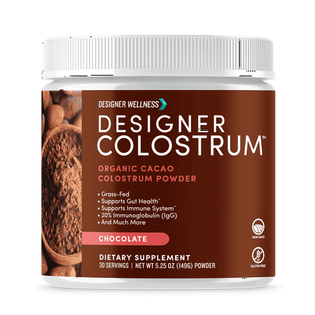 Designer Wellness, Pure Bovine Colostrum Superfood Powder, Gut Health & Bloating, Immune Support, Skin & Hair, Gluten & Fat-Free, Chocolate, 30 Servings