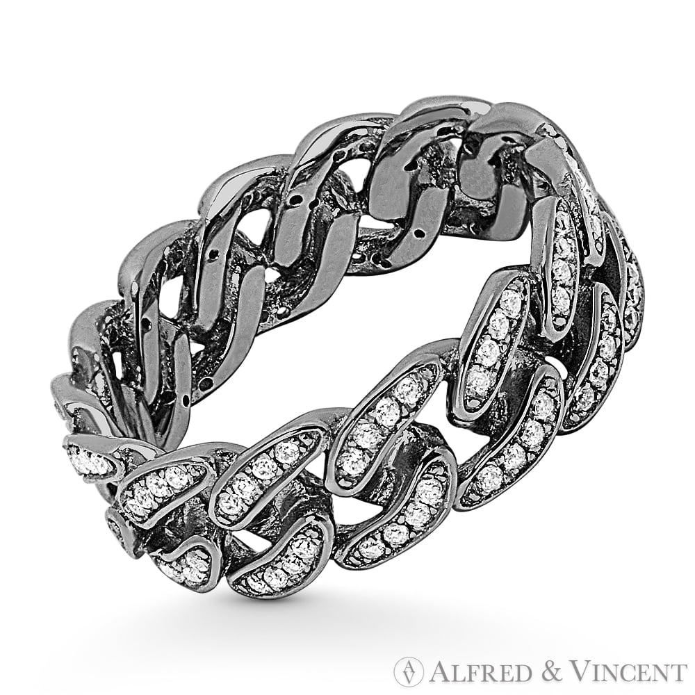 Curb Link Chain Ring in .925 Sterling Silver CZ Crystal Micro-Pave Bar & Cuban