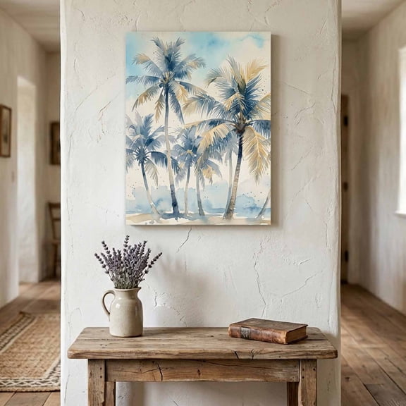 Palm Trees Canvas Wall Art for Living Room Bedroom Bathroom, Coastal Boho Tropical Blue Beige Sandy Beach Island Canvas Art Wall Decor, Artwork for Walls Home Office Decor, 8"x10"