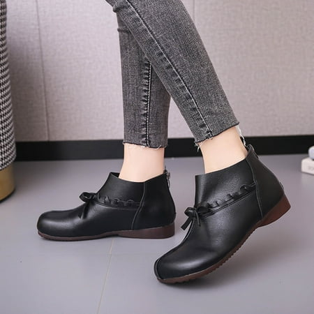 

Womail Autumn Ankle Boots for Women New Retro Waterproof Leather Round Toe Short Boots Women s Bow Back Zipper Flat Low Boots Savings on Clearance