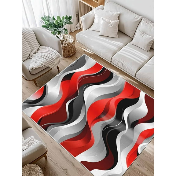 Abstract Wave Line Area Rug for Bedroom 4x6 Ft Gray Red Black Stripe Graffiti Super Soft fuzzy Throw Rug Non-Slip Fluffy Plush Indoor Floor Carpet for Living Room Nursery Home Decor