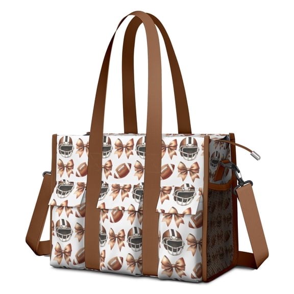 Teacher Tote Bag,Football Helmets with Bows Pattern Teacher Utility Tote Bag,Large Work Tote Bags for Women with Multiple Pockets,Top Zipper Closure,13.8x10.6x6.7 Inch