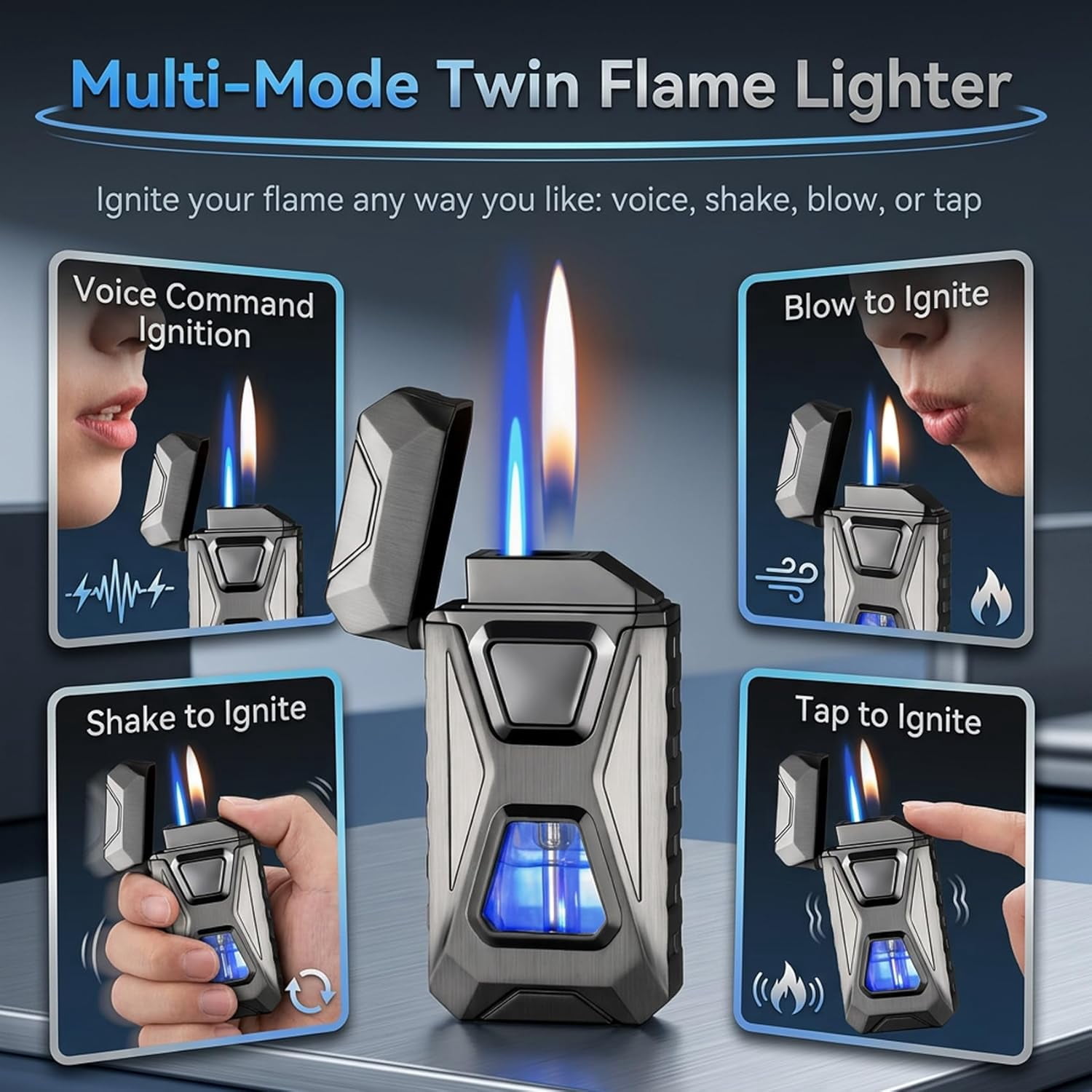 Voice Activated Lighter, Voice Activated Dual Flame Lighter (Butane Not Included) | USB Rechargeable Windproof Refillable with Visible Window (Green)