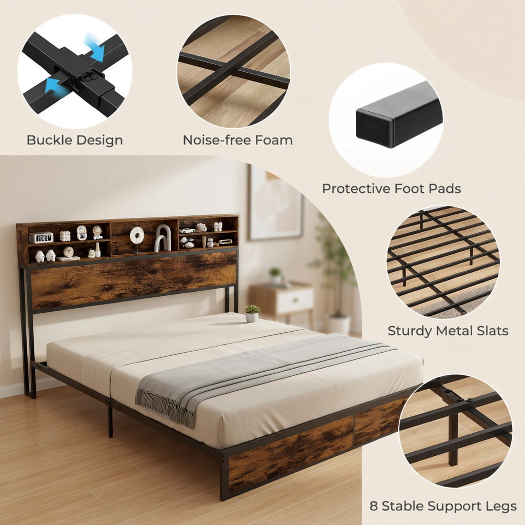 Demi Bonn King Size Bed Frame with Wooden Headboard and Footboard, Industrial Metal Platform Bed Frame with Under Bed Storage, No Box Spring Needed, Brown