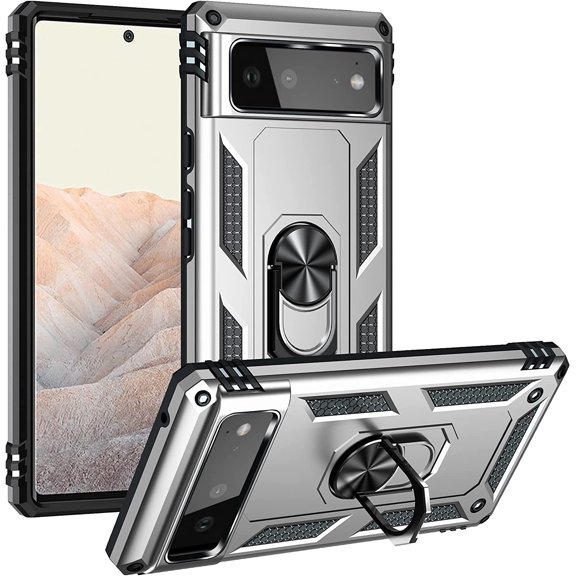Phone Case for Google Pixel 6 Heavy Duty Rugged Full Body Shockproof Screen Camera Protection Built-in Finger Ring Kickstand Military Scratch Proof Bumper Hard Back Cover Silver