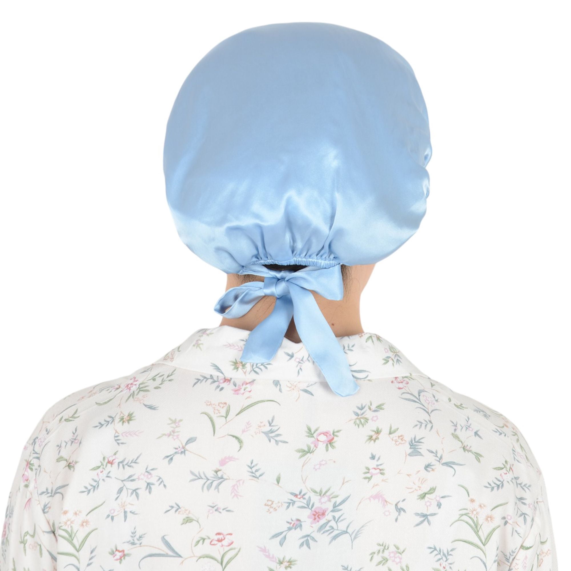 Women Satin Sleep Bonnet Adjustable Tie Back Hair Protection Cap for All Hair Types - Light Blue