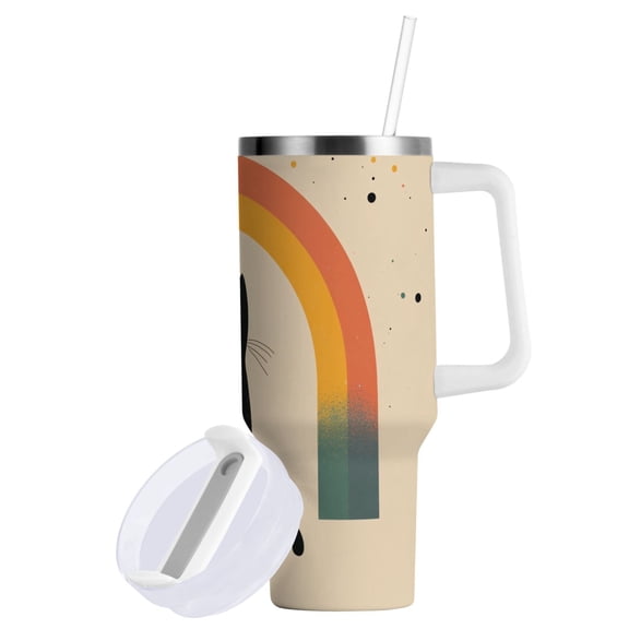 Yayeee 40oz Stainless Steel Tumbler with Straw and Handle Double-Wall Insulated Travel Water Bottle, Beige Cat Rainbow