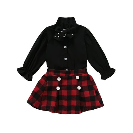 

Binpure Girl Skirt Set Long Sleeve Solid Ruffle Bow Top and Plaid A-line Skirts