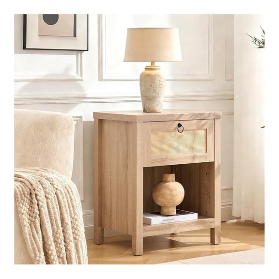 Rattan Nightstand, Boho Side Table with Drawer, Coastal Bedside End Table with Open Storage Shelf, Night Stands for Bedrooms Set for Small Space,Caramel Oak