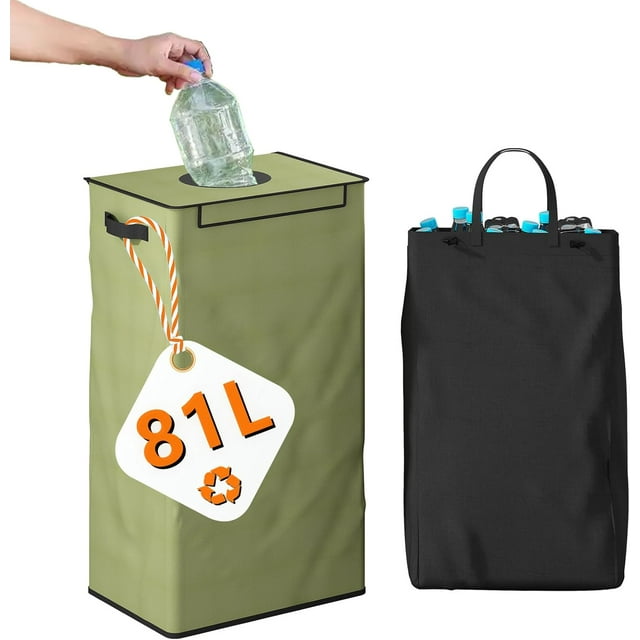 GILLAS Green Recycling Bin, 110L, Plastic, Rectangular, Washable, Home Recycling Bin with Removable Reusable Inner Bags for Bottles Cans Glass Plastics