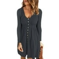 thumbnail image 2 of LLYwey Fall Dresses Women Casual Solid U-Neck Buttons Long Sleeve Waist Dress New Party Dresses Dark Gray M, 2 of 8