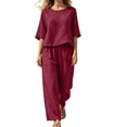 thumbnail image 2 of Cagogo Women's 2 Piece Set Casual Summer Vacation Outfits Loose Round Neck Short Sleeve Tops Wide Leg Pants Matching Lounge Sets Tracksuits Travel Airport Clothes Boho, Wine L, 2 of 6