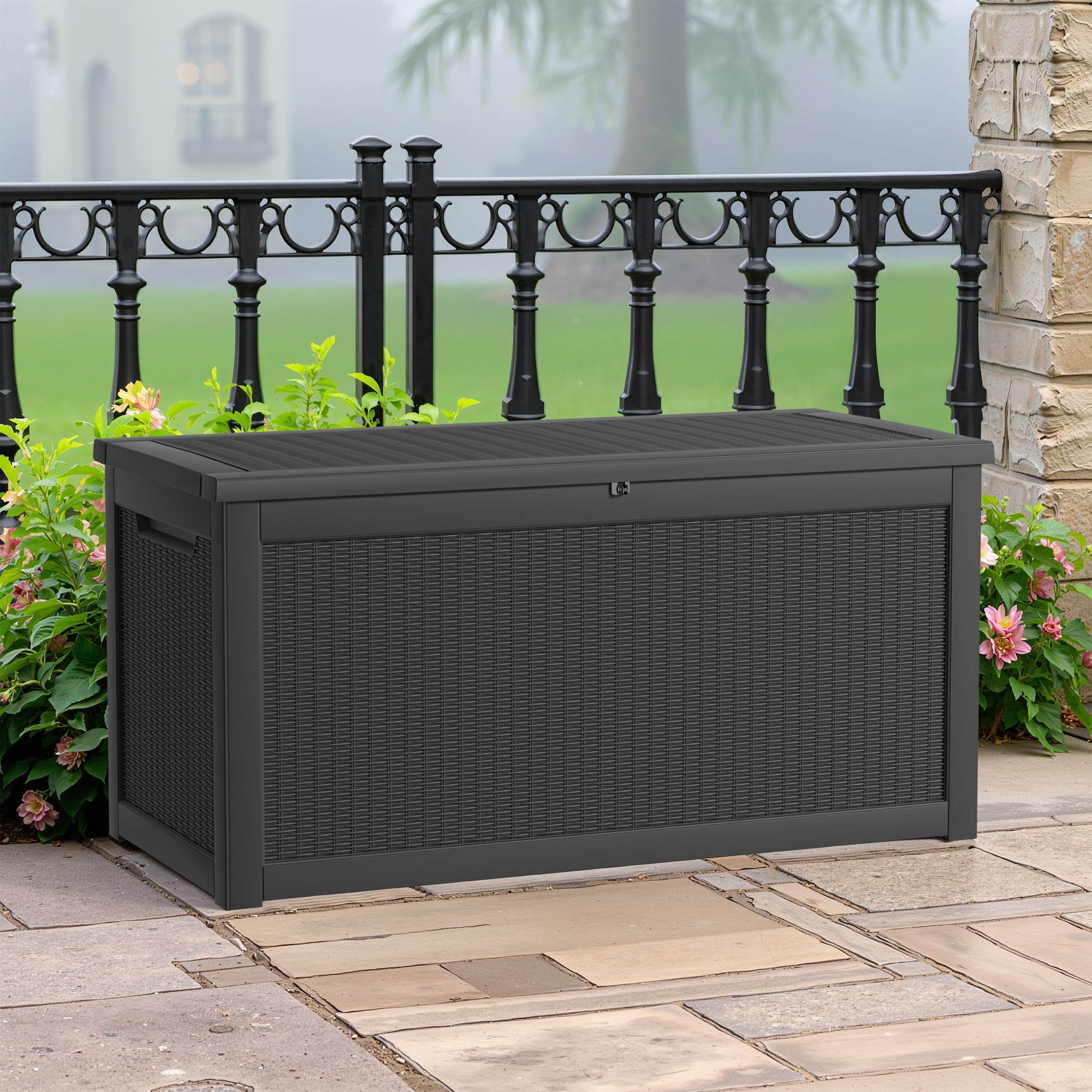 MAYEERTY 260 Gallon Outdoor Deck Box, Large Capacity Storage Box for Patio Furniture Cushions, Pillow with Wheels, Black