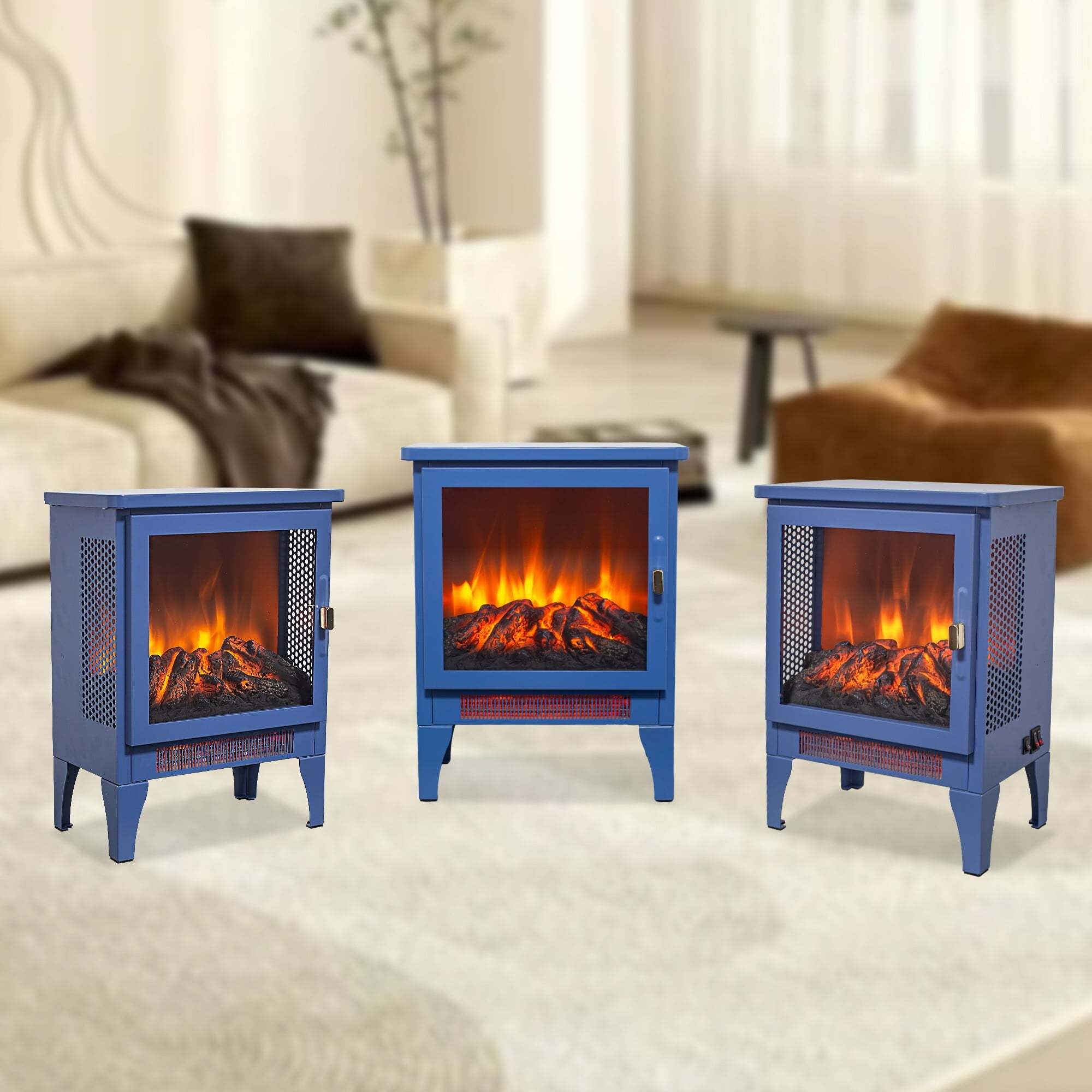 DEALTOPS 14.2" Electric Fireplace Stove Heater, 3D Flame, Portable Space Heater with Dual Heat Settings, Blue