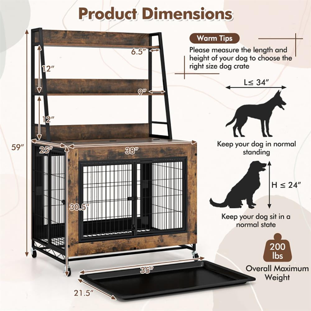 Barara King Dog House,Pet House,Industrial Dog Kennel Dog Crate Furniture with Storage Shelves-Rustic Brown