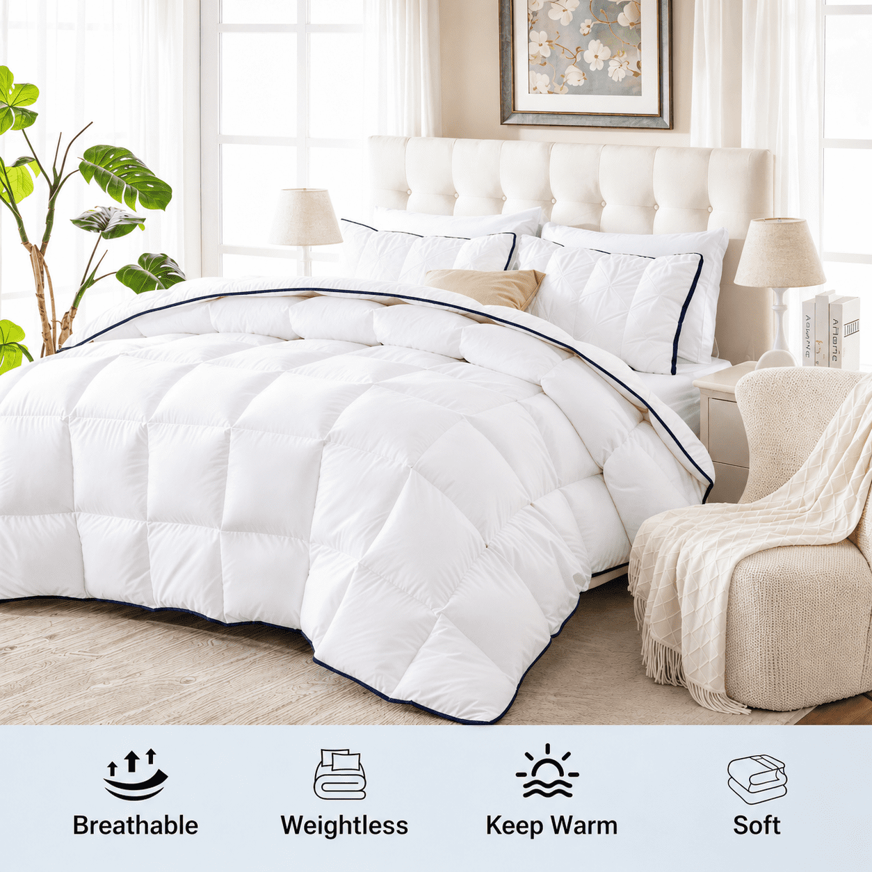 Yalamila Down Comforter Twin Size, 100% Cotton Ultra Soft Duvet Insert for All Season, Hotel Luxury Breathable Goose Feather Down Fiber Bedding Comforter with Corner Tabs (White, 68x90 inches)