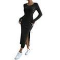 thumbnail image 2 of Women'S Fall Long Sleeve Casual Ribbed Knit Slim Fit Elegant Crew Neck Side Slit Maxi Dresses Black S, 2 of 9